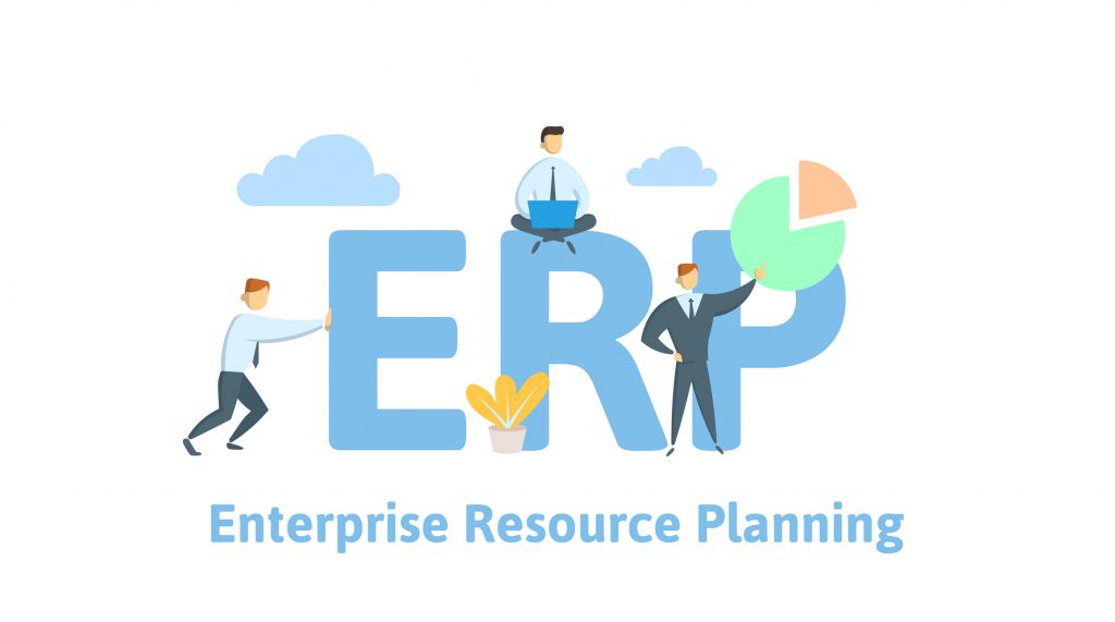 ERP, enterprise resource planning. Productivity and improvement. Concept table with people, letters and icons. Flat vector illustration on white background. ERP-Business software, ERP system in Singapore