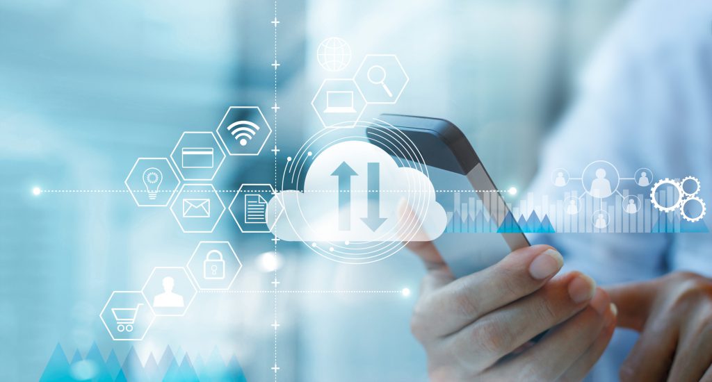 Businessman using mobile smartphone and connecting cloud computing service with icon customer network connection. Cloud device online storage. Cloud technology internet networking concept. erp system in singapore