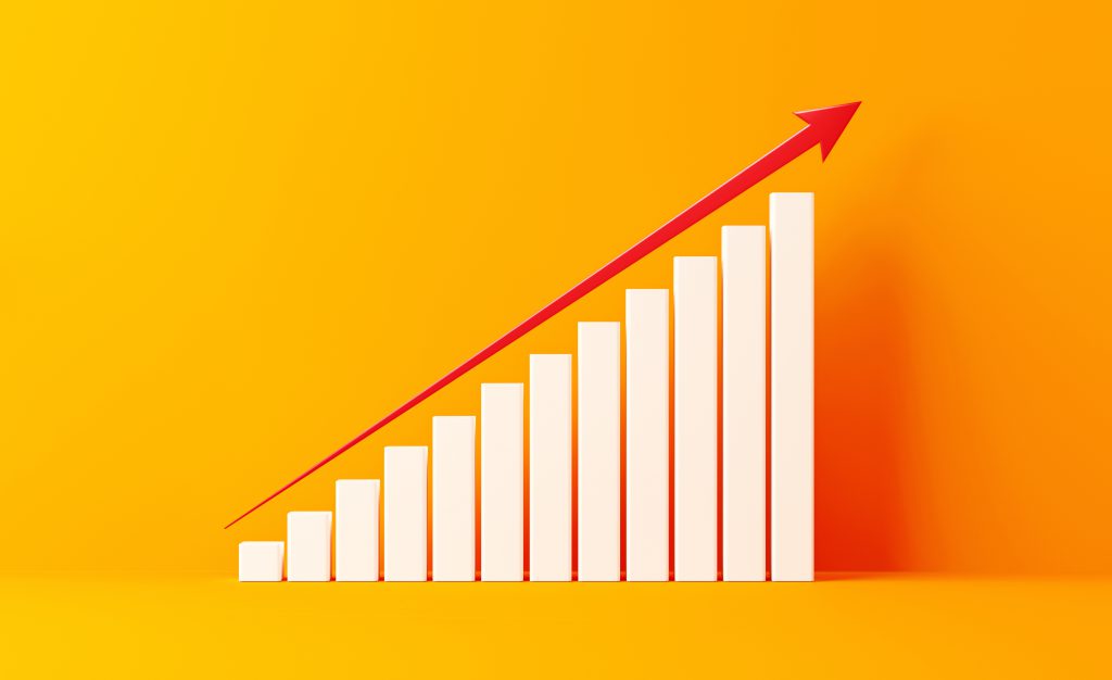 Financial Growth Bar With Red Arrow Shape Moving Up On Yellow Background