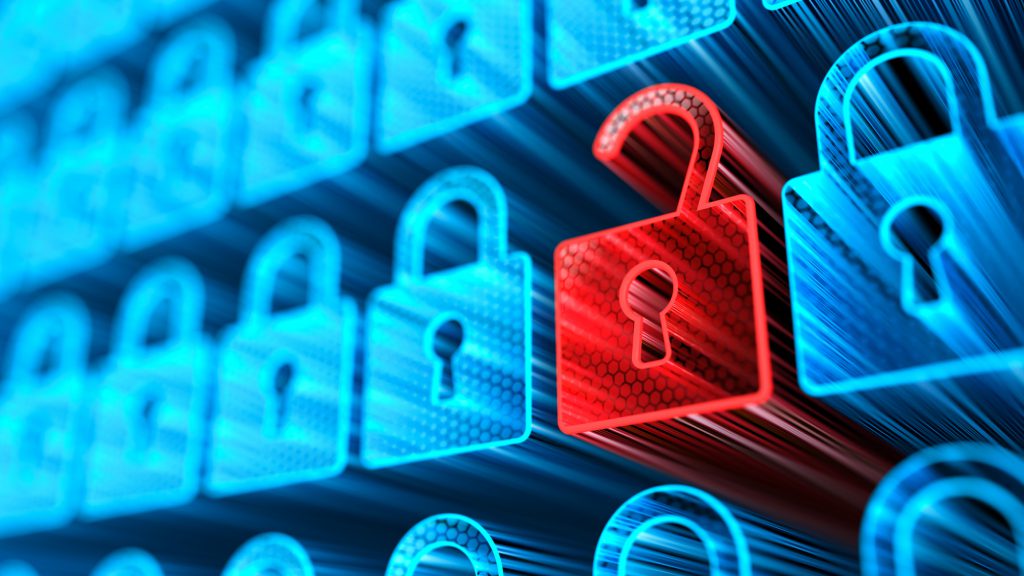 Encryption your data. Digital Lock. Hacker attack and data breach. Big data with encrypted computer code. Safe your data. Cyber internet security and privacy concept. Database storage 3d illustration Kinds of Security Risks for Organisations Implementing ERP