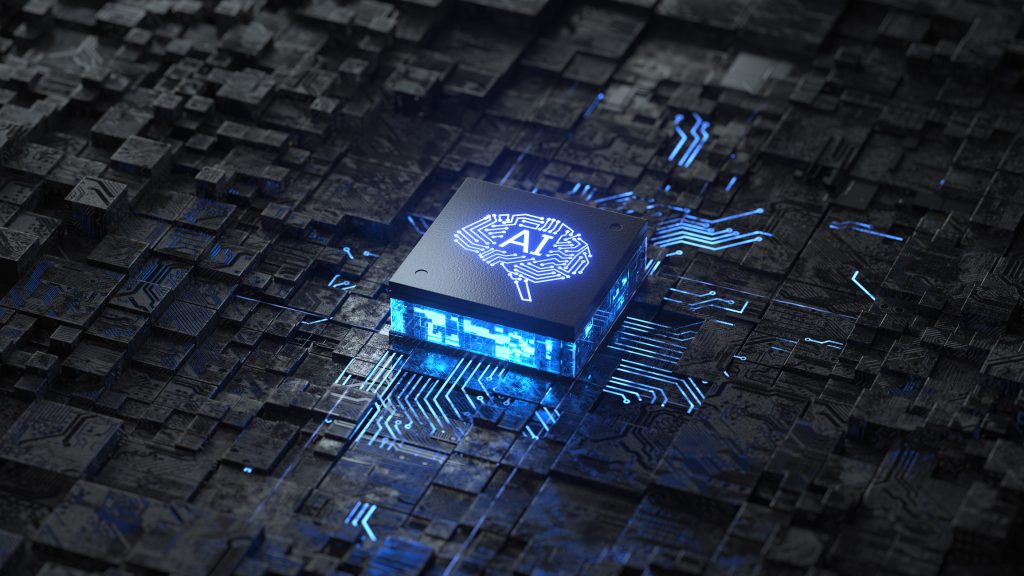AI,Artificial Intelligence concept,Circuit board, System Ligthing AI word in CPU run ERP system