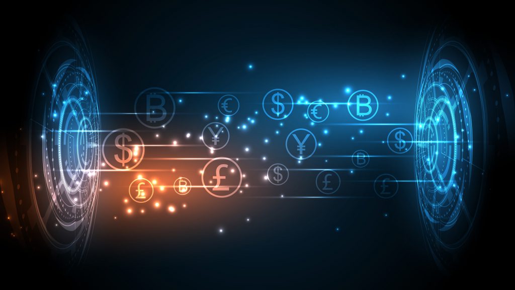 Money transfer, money transaction, global currency network, stock exchange business concept Money icon in black background